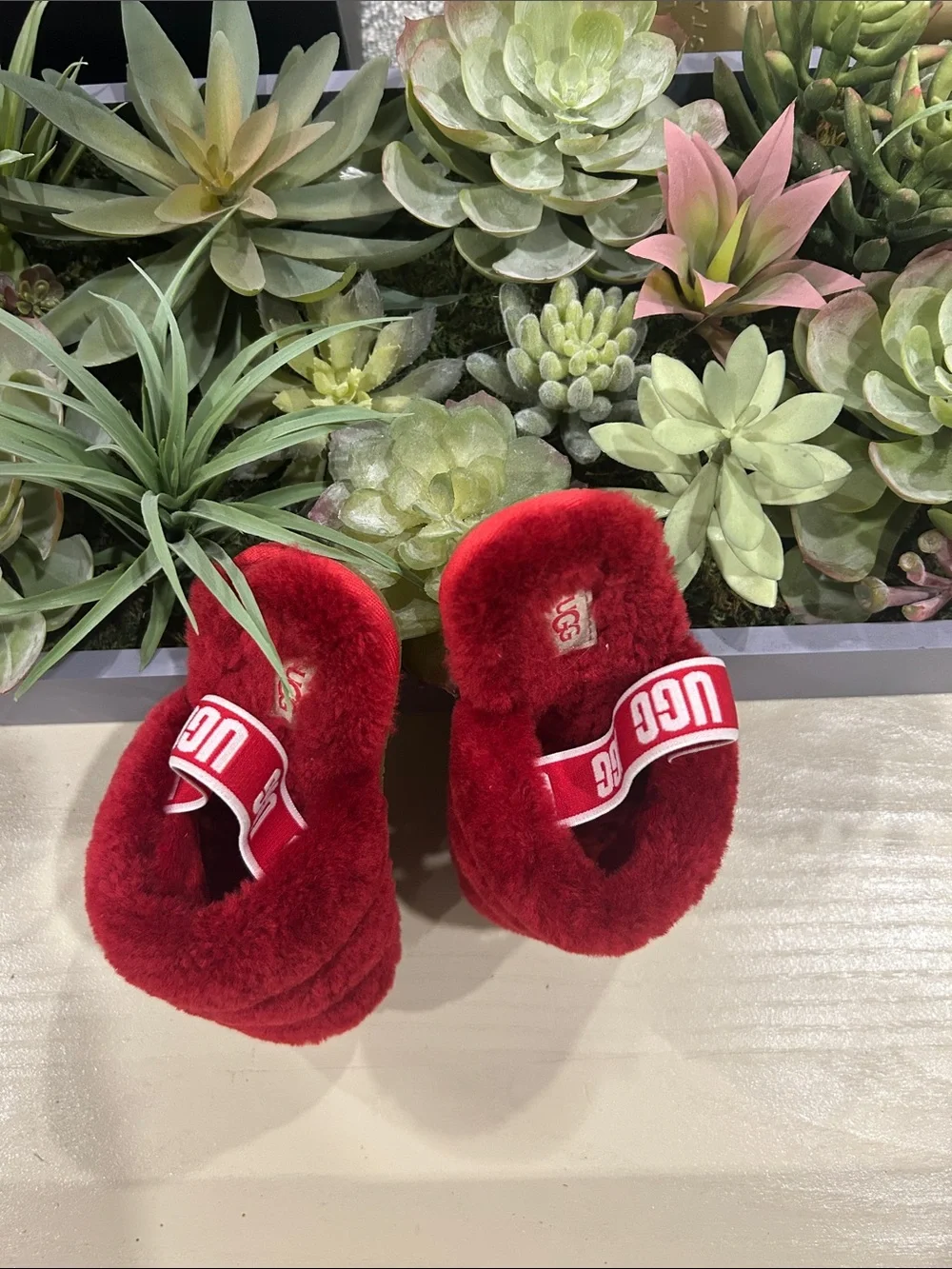 UGG Plush Slide Slippers in Red